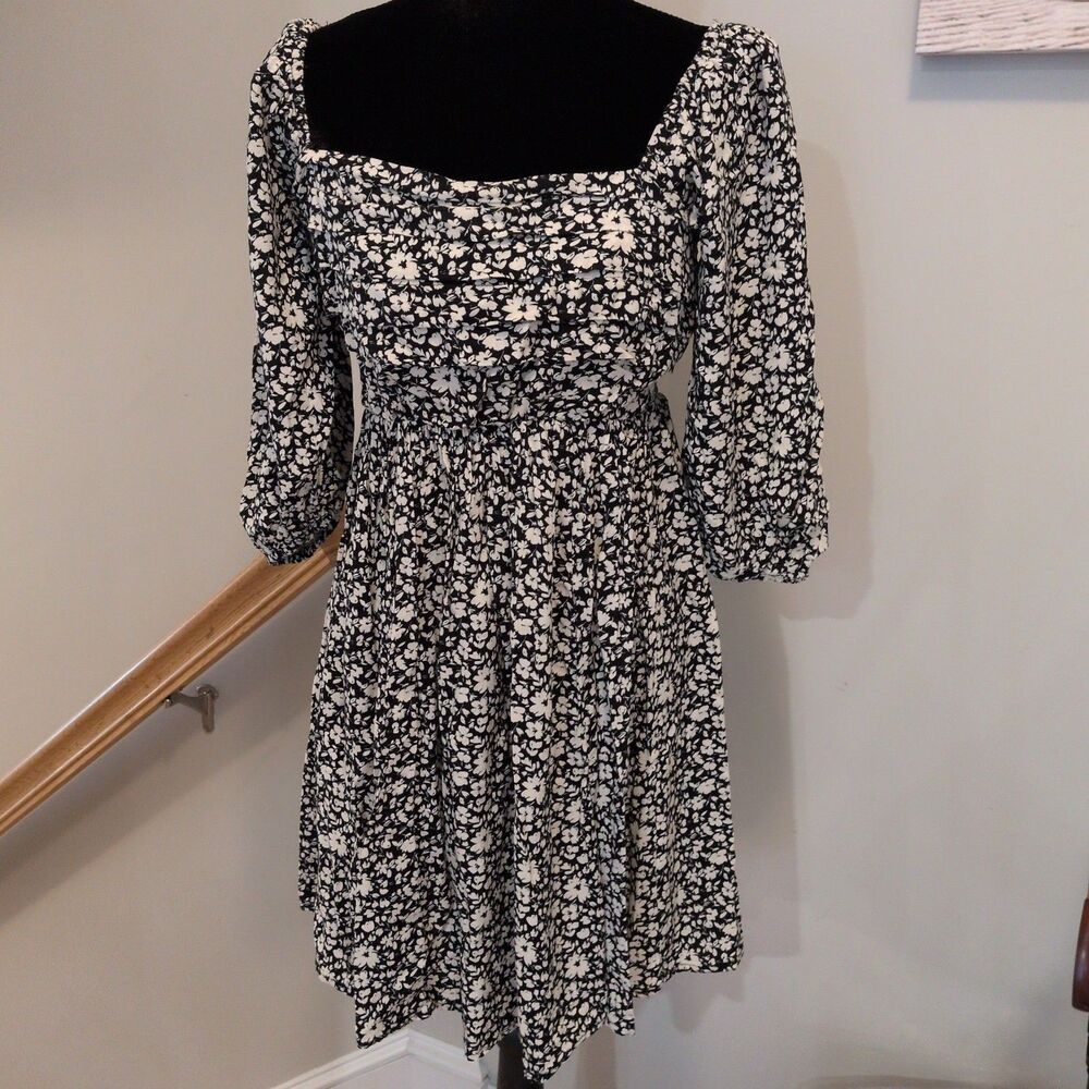 As U Wish Ditsy Floral Smocked Mini Dress Black White M